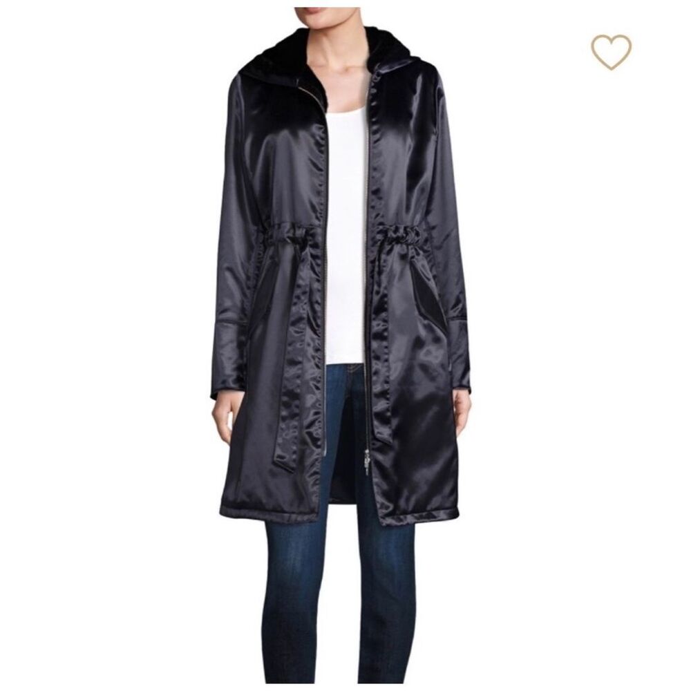 Jane Post $795 Faux Fur Lined Hooded Parka coat Navy Womens Large NEW